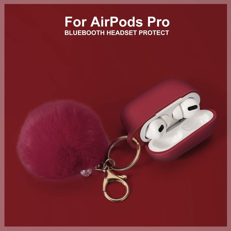 Cypher.V Protective Case Cover for Airpods Pro Charging Case, Upgraded Air Pods Silicone Case Skin with Soft Cute Ball Pom Pom Keychain Kit (A, Wine Red) - Image 2